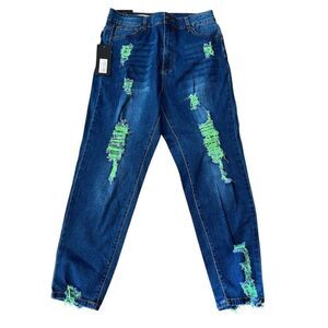 Juniors Size 11 Blue Tapered Green Distressed Dark Wash Mom Jeans 32 x 26 NWT